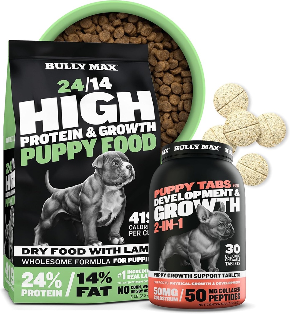 Bully Max 24/14 High Protein Puppy Food (5lbs.) en Puppy Vitaminen (30 kauwtabletten) voor Ontwikkeling & Groeibundel 