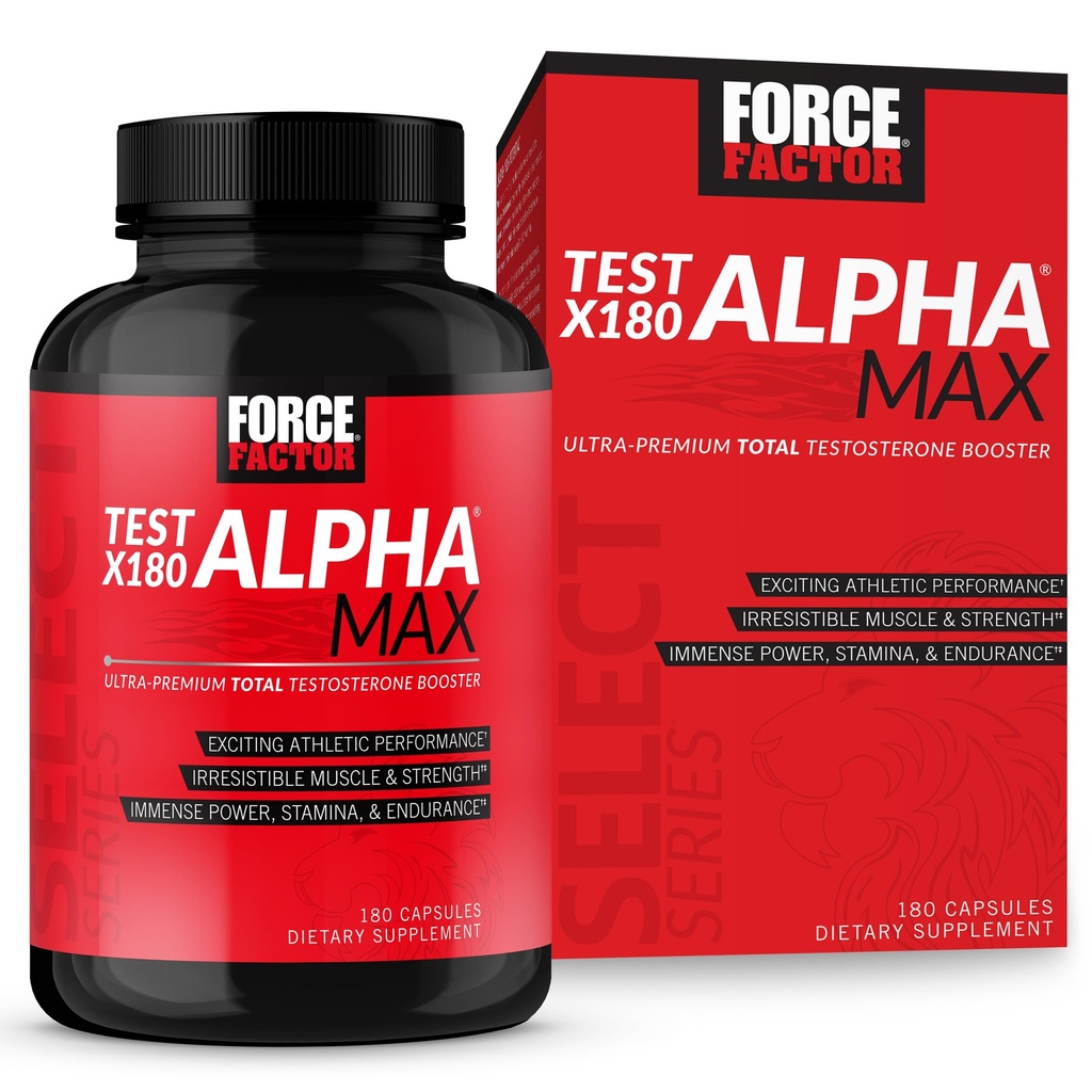 FORCE FACTOR Test X180 Alpha Max Total Testosteron en Nitric Oxide Booster voor mannen met Fenegriekzaad en Tribulus om de bloedstroom te verhogen en mannelijke atletische prestaties te verbeteren, 180 capsules