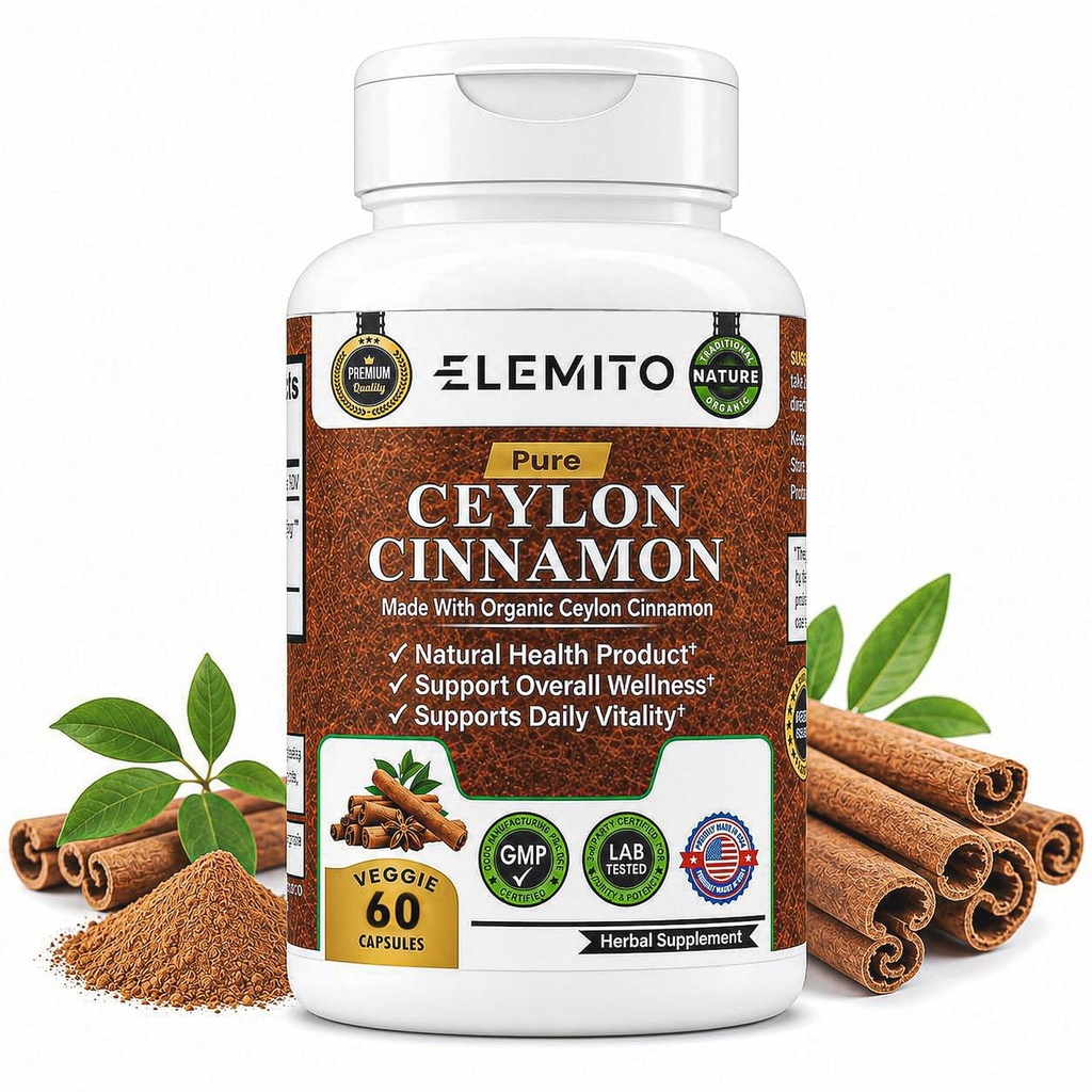 Biologische kaneelcapsules, energie, hart- en stofwisselingsondersteuning, Certified Organic Ceylon Cinnamon Pillen, Non-GMO, Vegan, Glutenvrije - 60 capsules