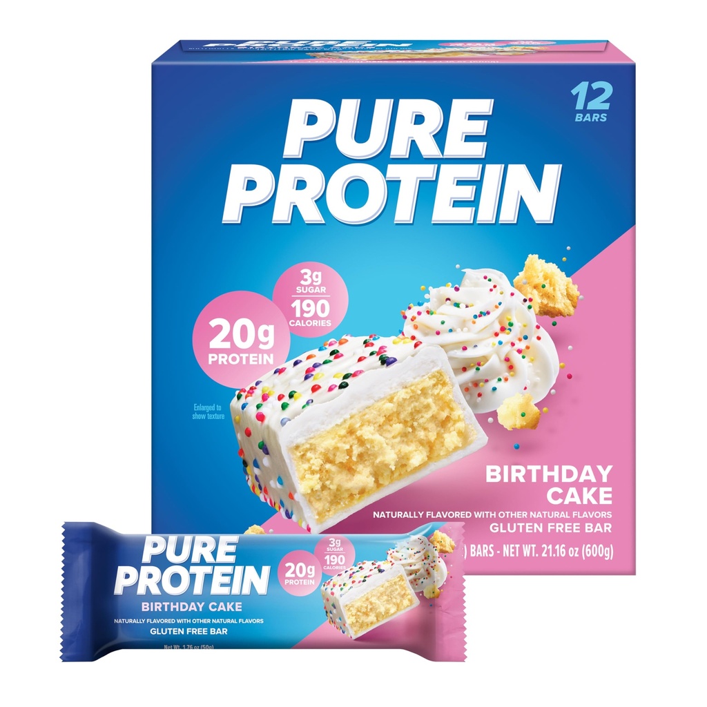 Pure proteïnerepen, hoge proteïne, Nutrische snacks ter ondersteuning van energie, lage suiker, glutenvrij, verjaardagscake, 1,76 oz, verpakking van 12 (Verpakking mei vary)