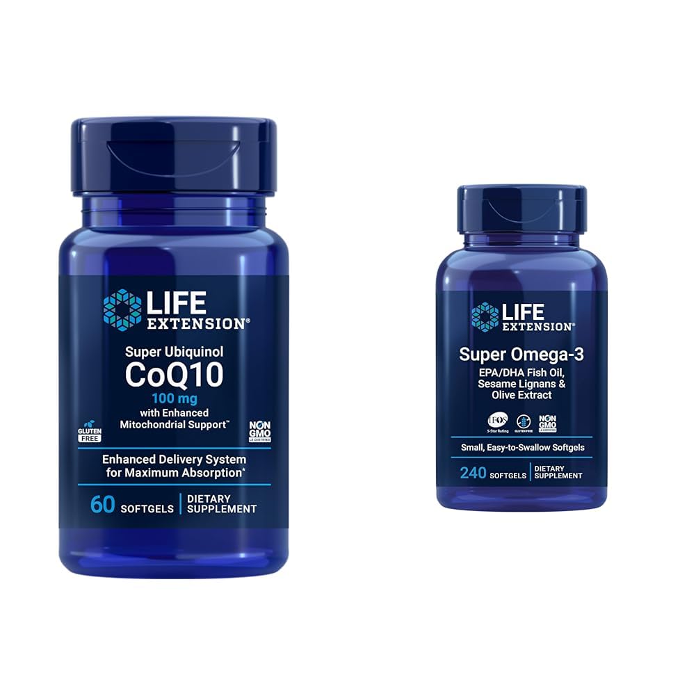 Life Extension Super Ubichinol CoQ10 met verbeterde Mitochondriale Ondersteuning, ubichinol CoQ10 & Super Omega-3 EPA/DHA Fish Oil, Sesam Lignans & Olive Extract - Omega 3 Supplement