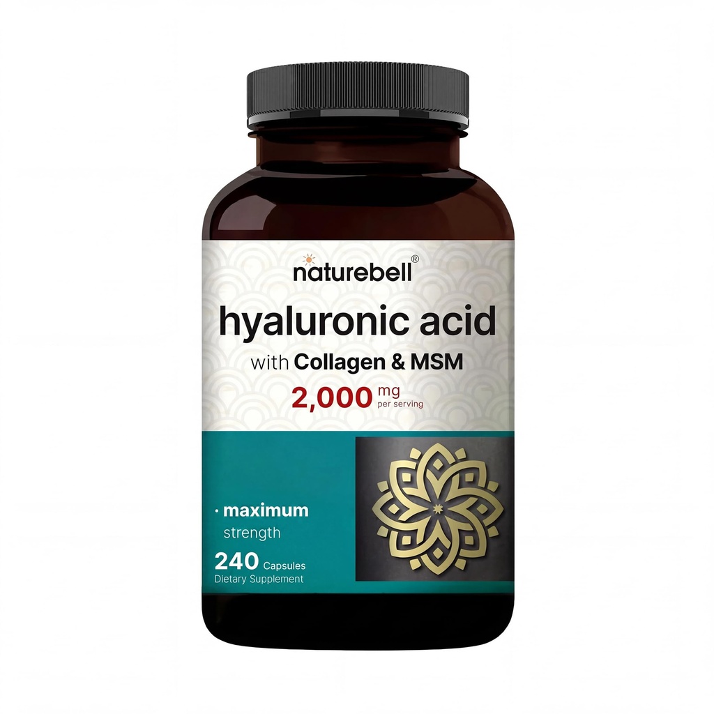 NatureBell Hyaluronic Acid 2,000mg with Collagen & MSM - 240 Capsules - Skin Hydration, Hair, Nail & Joint Support - Water Soluble Formula for Easy Absorption* - Non-GMO & Gluten-Free