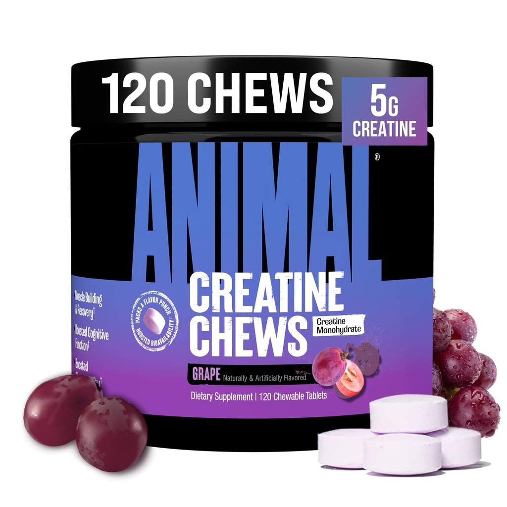 Animal Creatine Kauwtabletten - Verbeterde Creatine Monohydraat met AstraGin om de absorptie te verbeteren, Zeezout voor toegevoegde pompen, Heerlijke en handige kauwtabletten - Druiven