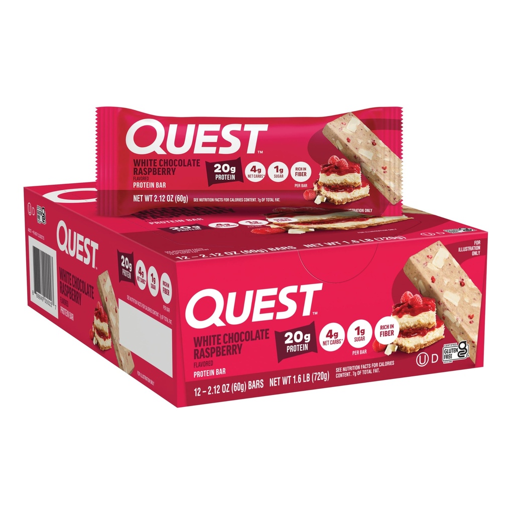 Quest Nutrition White Chocolate Raspberry Protein Bars, 20g Protein, 1g Sugar, 5g Net Carb, High Fiber, Gluten Free, Keto Friendly, 12 Count