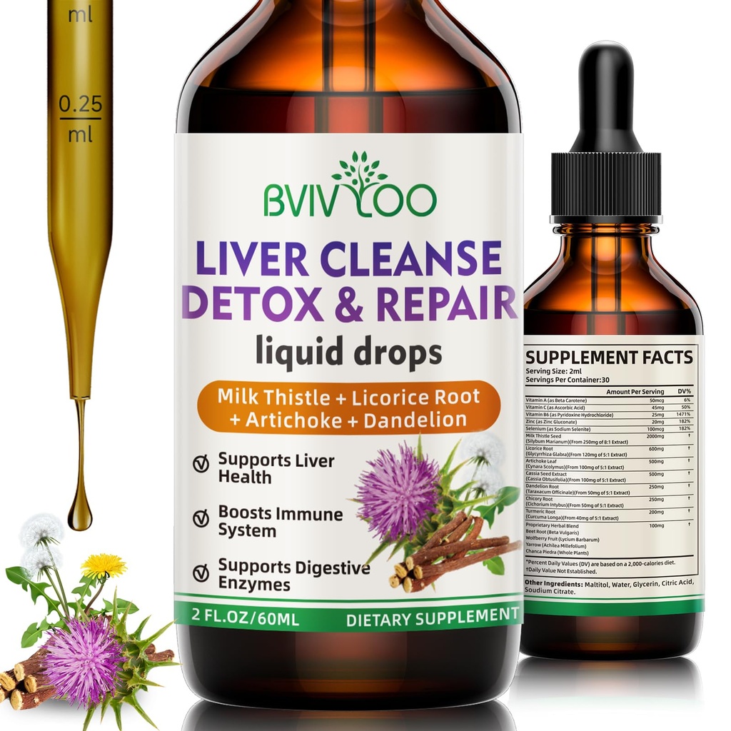 Liver Cleanse Detox & Repair Liquid Drops - 2000mg Milk Thistle, Dandelion Root, Artichoke, Silymarin Extract, & Turmeric Herbs - Vegan, Non-GMO - 2 Fl Oz (60ml) Bottle