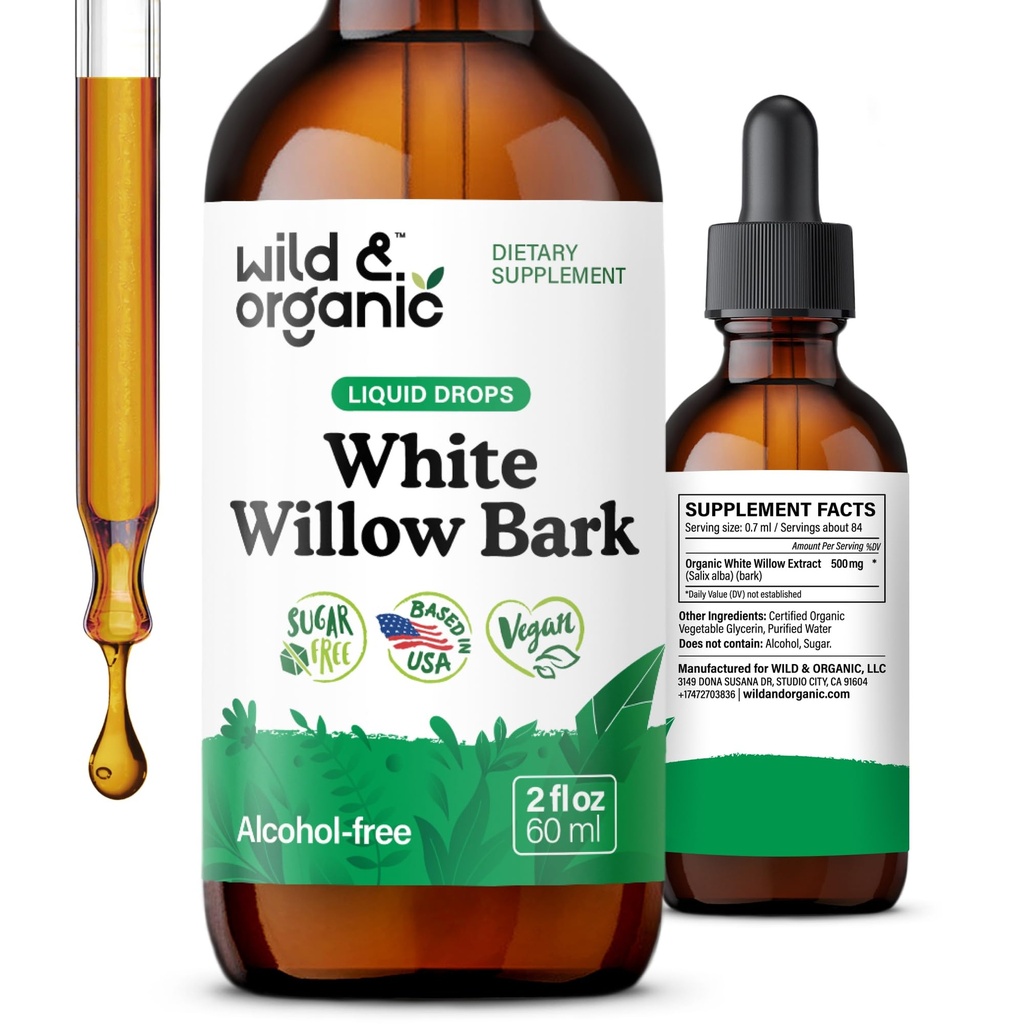 Wild & Organic White Willow Bark Extract Liquid Drops - All Well-Being Supplement - 500 mg White Willow Bark Herb Tinctuur - No Alcohol & Sugar, Non-GMO - 2 fl oz