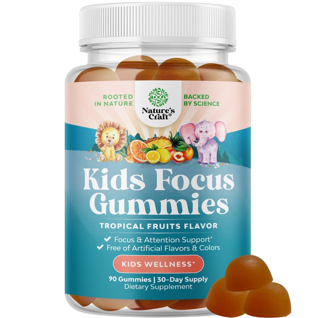 Kids Focus Gummies - Nootropics Brain Support Supplement voor kinderen met groene thee extract, B6 & B12 Vitaminen voor geheugen en hersenfocus - Kruidenconcentratie Kauwen voor kinderen - 90 Tel.