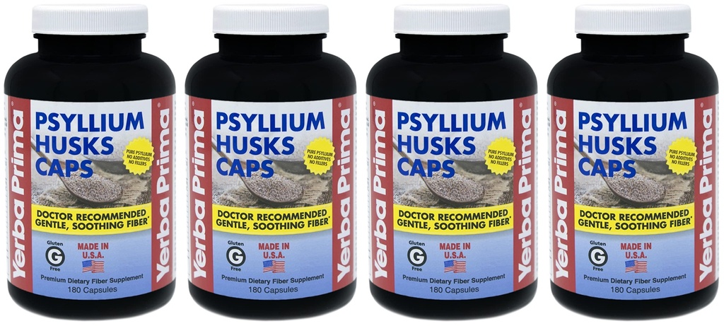 Yerba Prima Psyllium Husks Caps - 180 caps (pakket van 4) - Natural Fiber Supplement - Non-GMO Glutenvrij