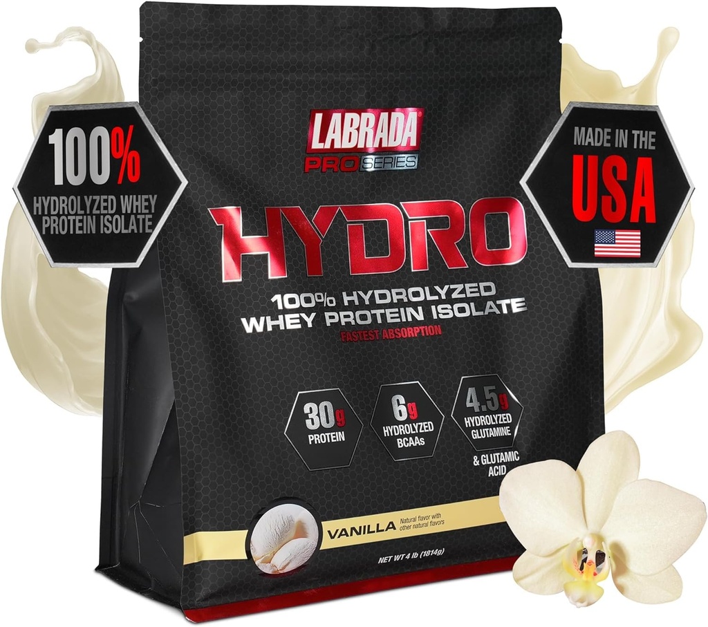 LABRADA Hydro 100% Pure Gehydrolyseerde Wei Protein Isolaat Poeder, Lactosevrij, Glutamine, Snelst Digeting Wei Beschikbaar, Instant Mixing, Delicious Smaak 48 Servers 4lb (Vanilla)