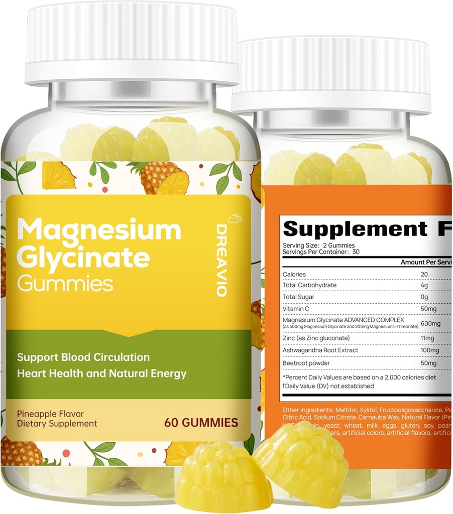 60 Graaf Magnesium Glycinate Gummies 400mg w/Ashwagandha Supplement - Suikervrij Zink Magnesium Glycinate Supplement Ashwagandha Gummies voor volwassenen Ananas Smaak