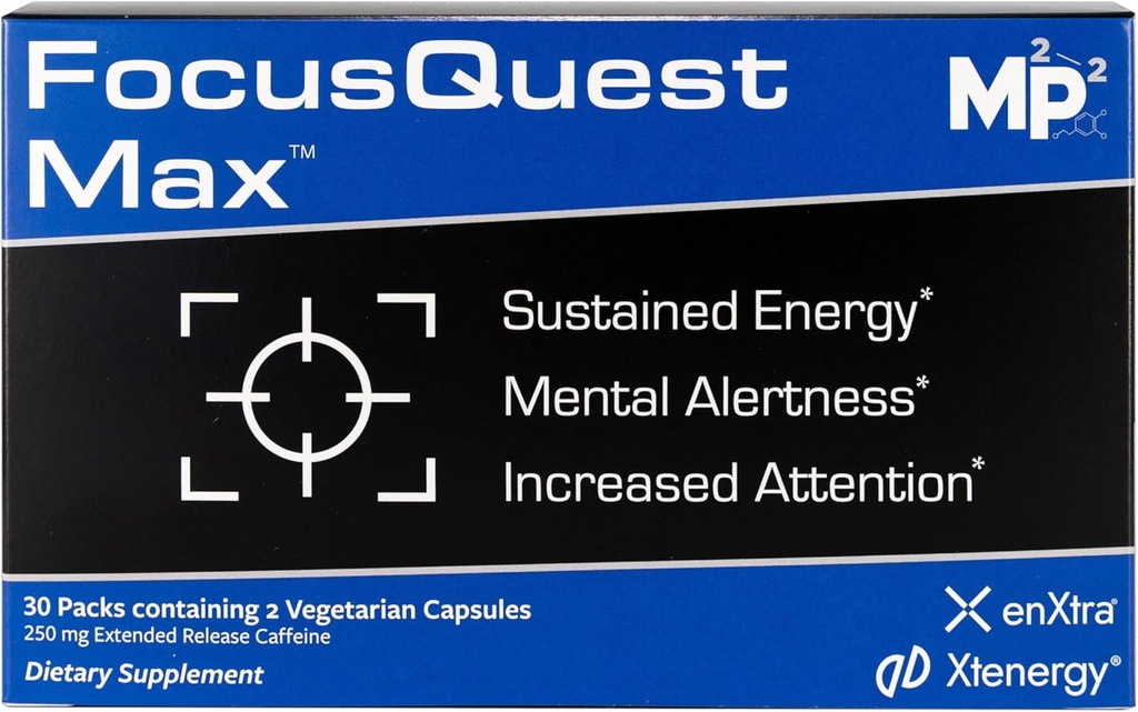 FocusQuest Max Focus Supplement met Uitgebreide Release Cafeïne en L-Theanine, Nootropic Supplement voor energie en productiviteit - Veganistisch, Glutenvrij voor professionals, studenten, drukke moeders en fitness