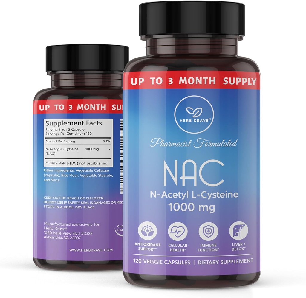 NAC Supplement N-Acetyl Cysteine 1000 mg, Amino Acid, Natural Antioxidant, Support for Liver, Lung, Immune System, Fertility | 120 N-Acetyl-L-Cysteine Capsule