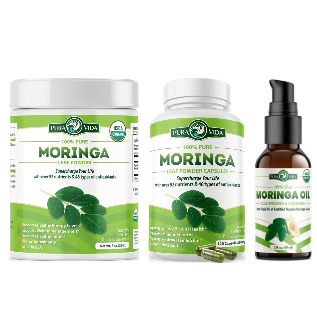 PURA VIDA MORINGA Poeder 8 oz Capsules (120 Aantal) en Biologische Moringa Oil (2 Fl Oz)