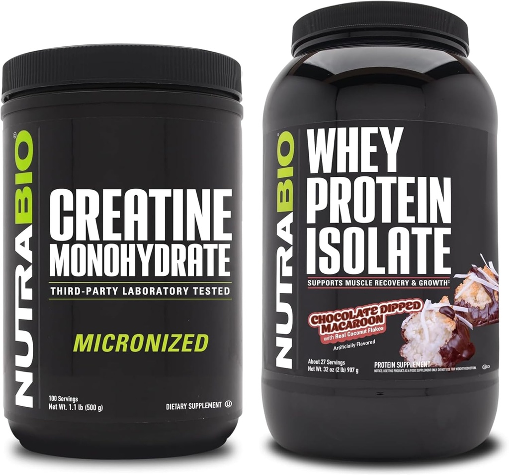 NutraBio Creatine Monohydraat, Unflavored, 500g en Wei Proteïne Isolaat, Chocolade Dipped Macaroon, Supplement Bundle - Spierenergie, Lean Spiergroei, Herstel, en kracht