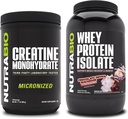 NutraBio Creatine Monohydraat, Unflavored, 500g en Wei Proteïne Isolaat, Chocolade Dipped Macaroon, Supplement Bundle - Spierenergie, Lean Spiergroei, Herstel, en kracht