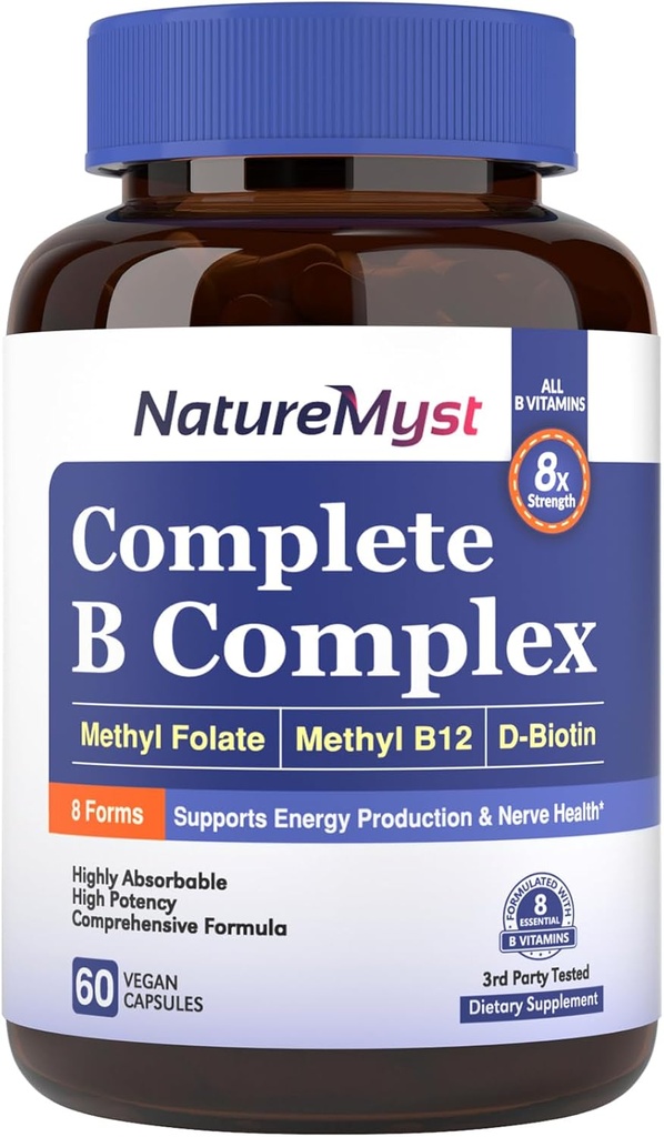 Complete B-complex, alle 8 B-vitaminen, Methyl B12, Methylfolaat, Biotine, P-5-P, Zeer absorbeerbaar, Energieproductie, 60 Vegan Caps