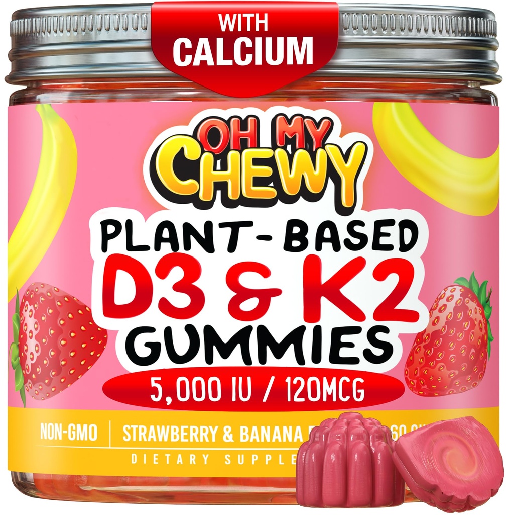 Center-Filed Vitamine D3 K2 Gummies - Kids, Teens & Adults - Supplement for Healthy Teeth, Bone, Energy & Immunity - 5000 IE D3, 120 mcg K2(MK-7), 120 mg Calcium - Vegan & Non-GMO - 120 Tel.
