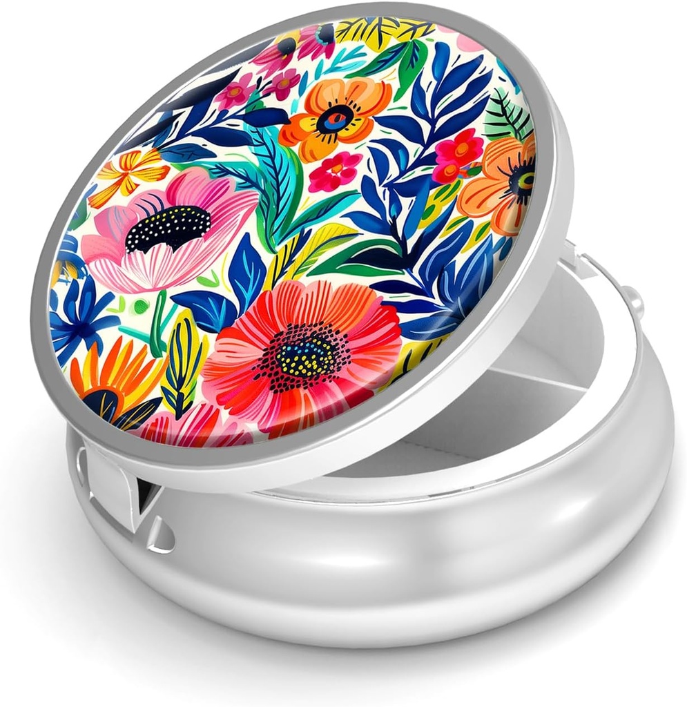 Pill Box-3 Compartiment kleine pil geval voor Purse & Pocket Mini metalen pil houder Travel Pill Container om supplementen vitamines BPA-vrij te houden (tuinbloem)