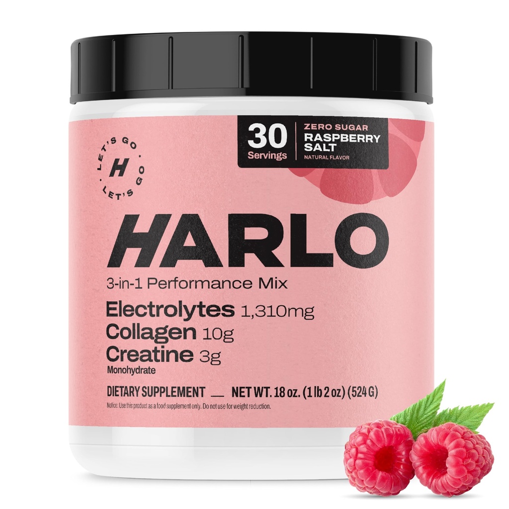 Harlo - Raspberry Salt Electrolyte Drink Mix met Bovine Collageen & Createine- Createine Monohydraat Poeder - Energie Drinkpoeder - Pre-workout poeder - Suikervrije energiedranken - Post Workout Herstel