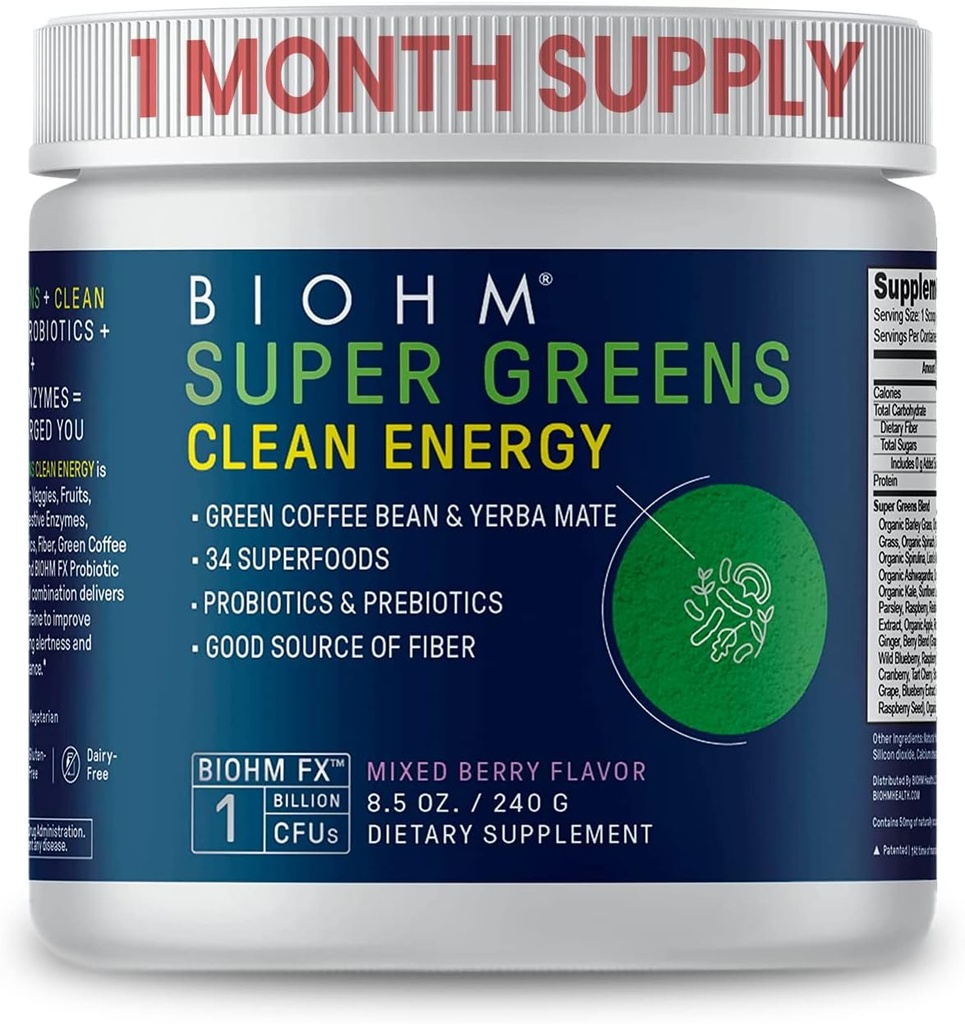 BIOHM Super Greens Clean Energy, Green Superfood Powder (8,5 Oz, 30 Servings) ondersteunt Gut Health & Cognition, 34 Natural Fruit, plantaardige en plantaardige extracten met prebiotica, probiotica en enzymen