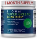 BIOHM Super Greens Clean Energy, Green Superfood Powder (8,5 Oz, 30 Servings) ondersteunt Gut Health & Cognition, 34 Natural Fruit, plantaardige en plantaardige extracten met prebiotica, probiotica en enzymen