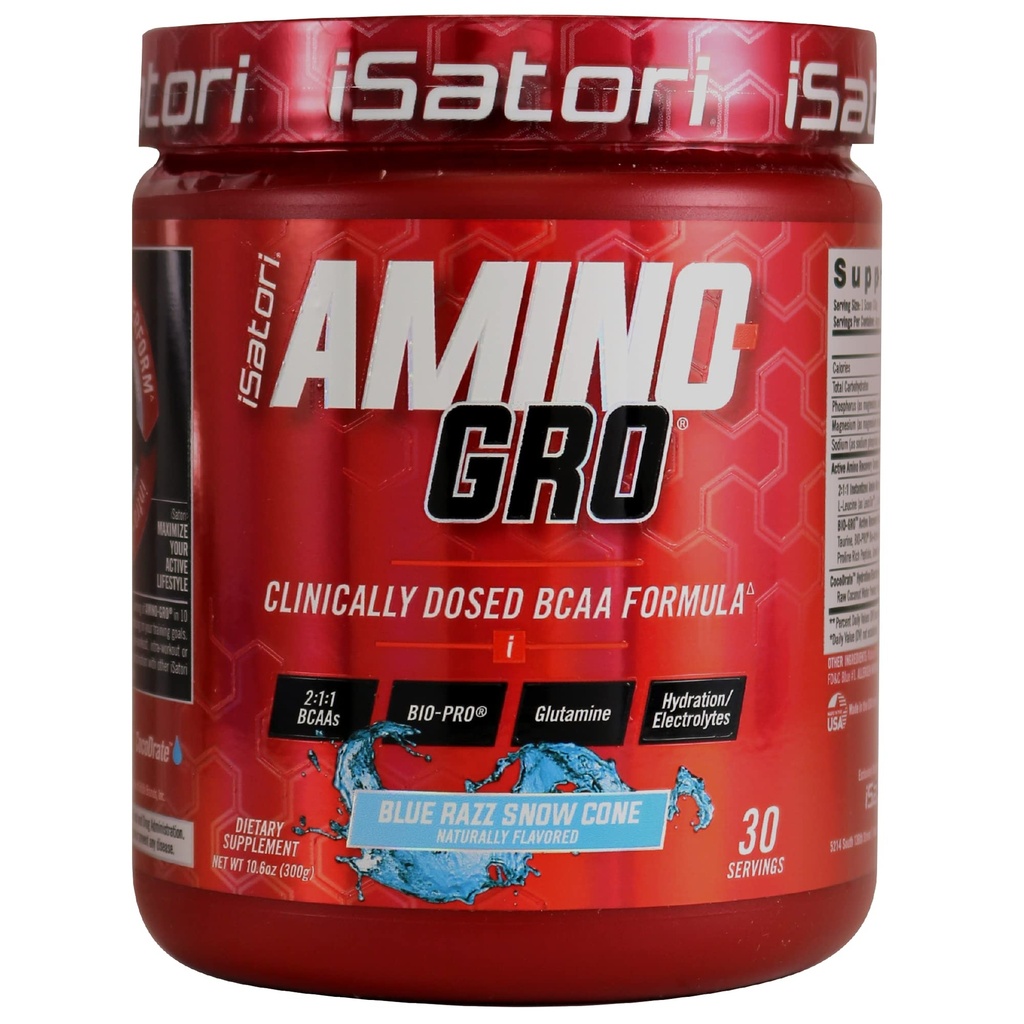 iSatori Amino-GRO BCAA Powder, vertakte ketenAminozuren met Glutamine, Electrolyte Powder & Bio-GRO Bio-Active Peptiden voor Spiergroei & Post Workout Herstel, Blue Razz Snow Cone (30 Servings)