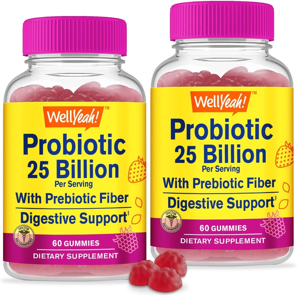 WellYeah (2 Pack 25 Miljard Probiotica + Prebiotica voor mannen en vrouwen Gummies - Digestieve Ondersteuning, Gut Health, Immune Ondersteuning Gummy - Probiotica voor spijsverteringsgezondheid met 12 Strains - 60 Gummies