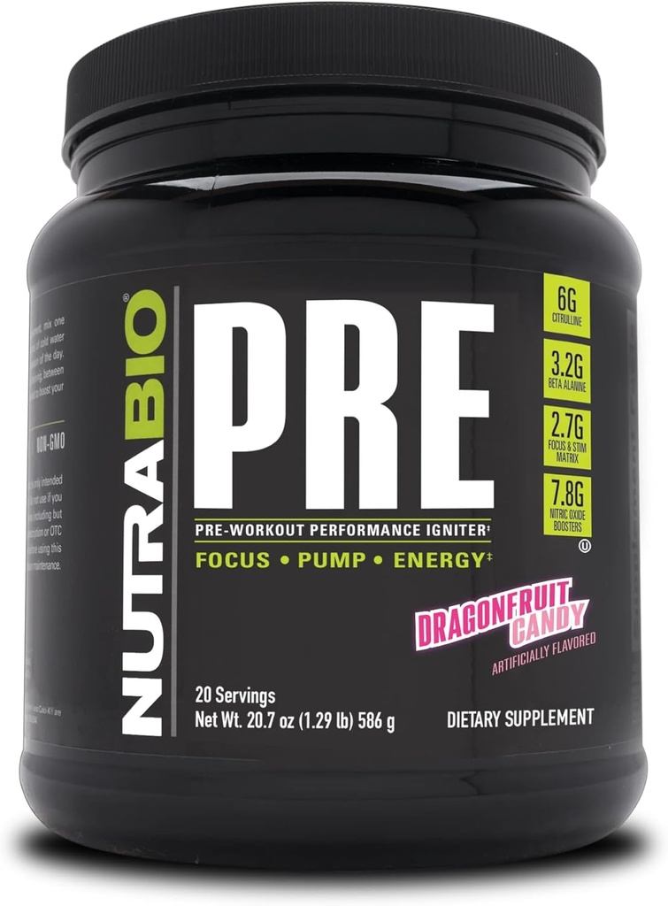 NutraBio PRE Workout Powder - Oude Formule- Aanhoudende Energie, Geestelijke Focus, Uithoudingsvermogen - Beta Alanine, Creatine, Cafeïne, Elektrolyten - 20 Servers - Dragonfruit Candy