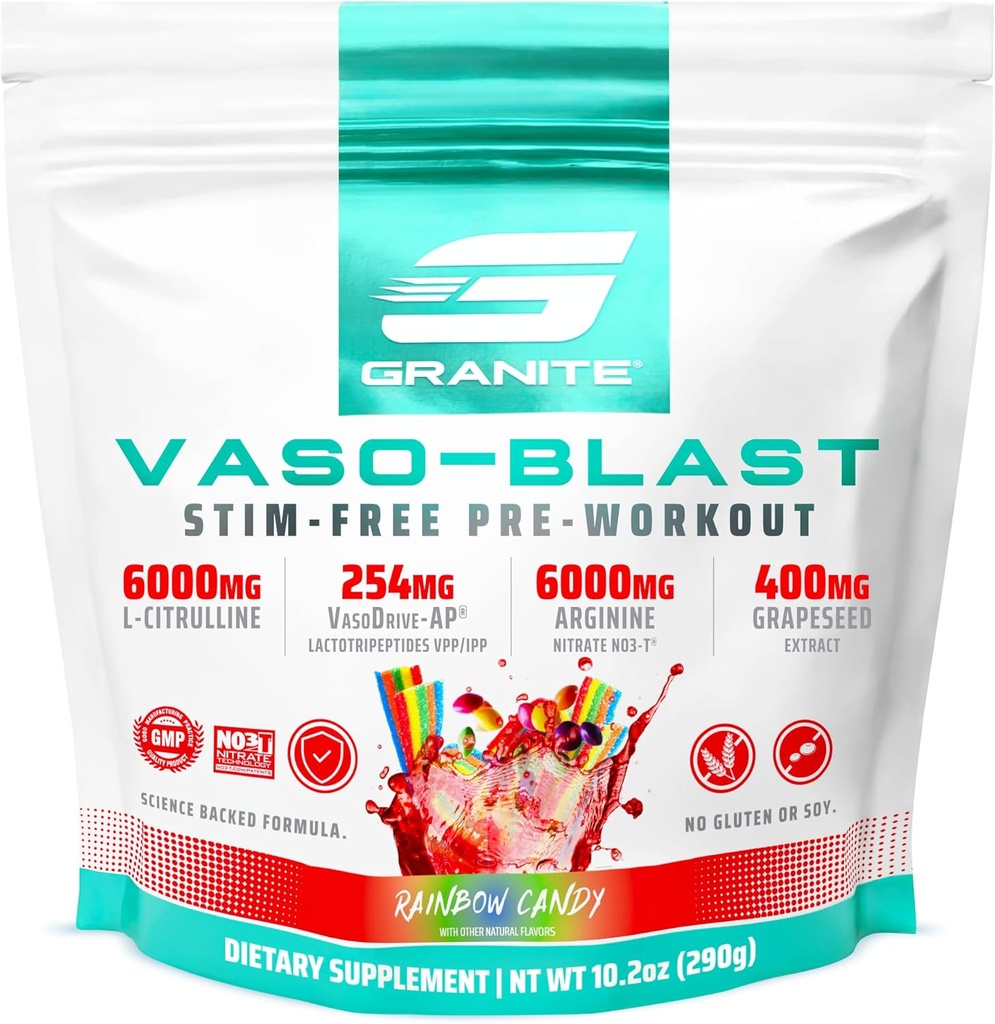 Granietsupplementen Vaso Blast, Rainbow Candy Flavor, Stimulant-Free Pre Workout voor mannen & vrouwen met druivenzaad Extract, Arginine Nitrite, & VasoDrive-AP voor Max Pump (20 Servers)