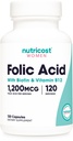 Nutricost Foliumzuur voor vrouwen (Vitamine B9) 1200 mcg, 120 Capsules, met B12 en Biotine, Veggie Caps, Non-GMO & Glutenvrij