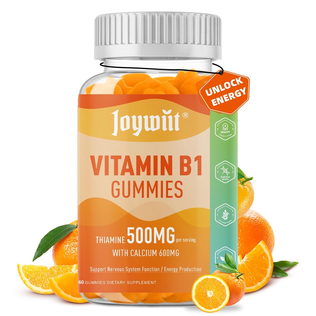 Vitamine B1 Gummies 500mg, Kauwbare Thiamine B1 Supplement voor volwassenen, met 600mg Calcium citraat, Ondersteuning Zenuwstelsel, Veganistisch, Natuurlijke Oranje smaak