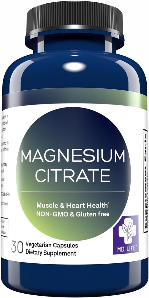 MD. Life Magnesium Citrate 250 mg – 30 Capsules – High Absorption Magnesium Citrate Supplement – Easy-to-Swallow Capsules for Muscle, Nerve, Heart, Sleep and Bone Support