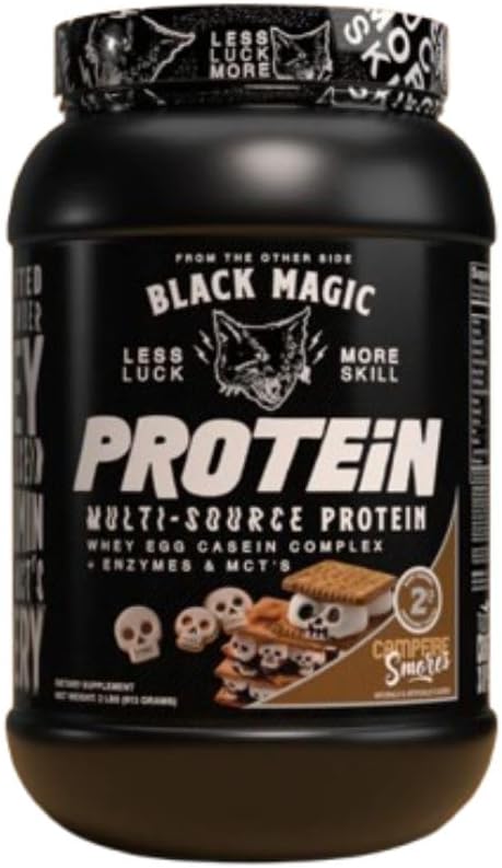 Wereldwijde Voedingsbundel Compatibel met Black Magic Protein Powder - Multi-Source Protein Wei, Egg & Caseïne Complex met enzymen & MCT- 2LB Campfire Smores Flavor met Multi-Purpose Keychain