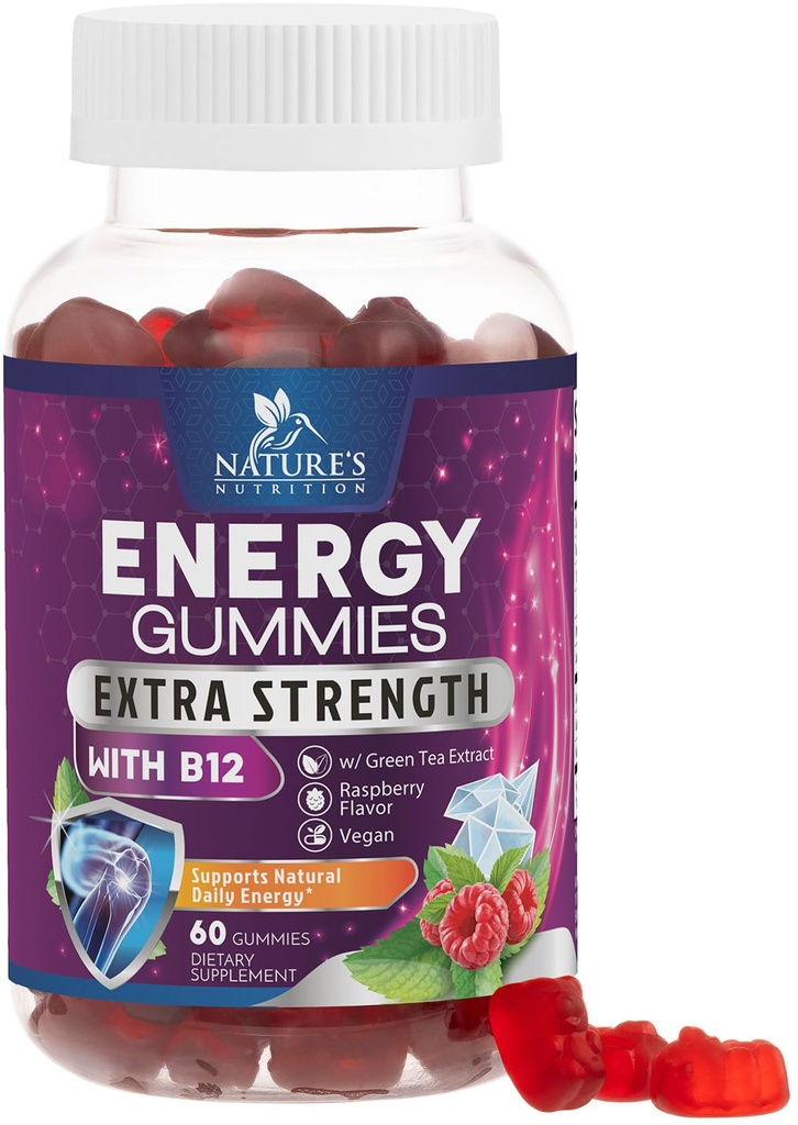 Energie Gummies 1000mcg - met vitamine B12, Green Tea Natural Cafeine Support, Dagelijkse Energie Gummies - Heerlijke Berry Smaak B12 Kauwbare Oefening Supplement voor hardlopen Fietsen & Sporten - 60 Kauwen