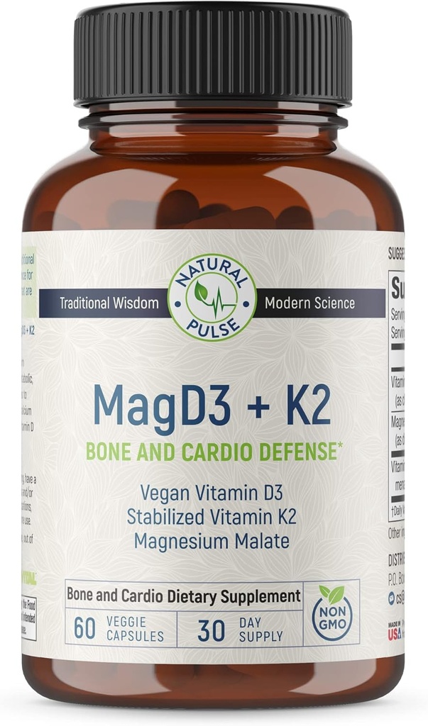 Magnesium Malaat + Vegan Vitamin D3 + gestabiliseerde vitamine K2, Complete Ondersteuning Supplement voor Cellulaire Energie, Cardiovasculaire, Immuun en Metabole Gezondheid & Bone Strength, 90 Veggie Caps
