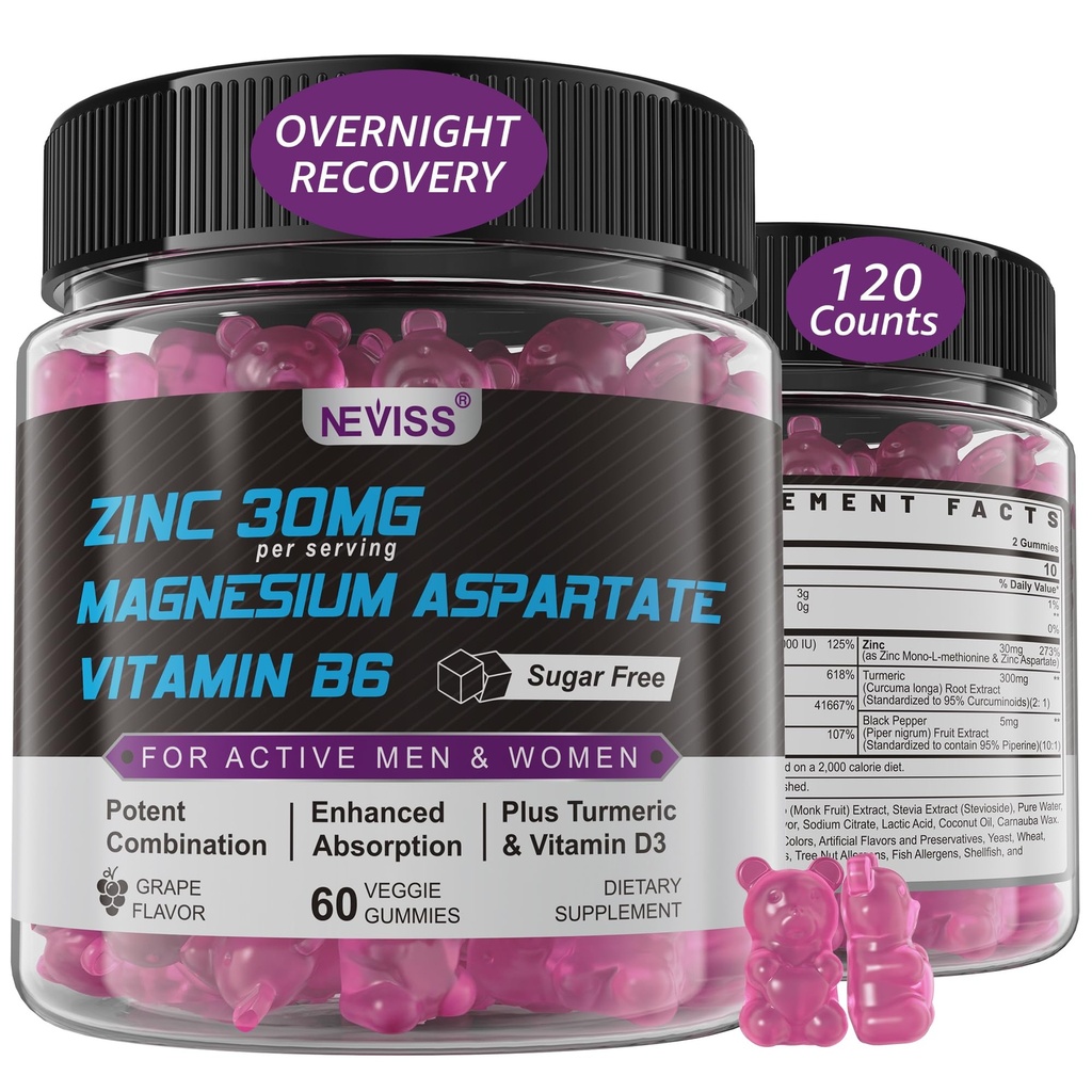 Zink en Magnesium Supplement, Zink Magnesium Aspartate Post Workout Gummies voor mannen Vrouwen, met vitamine B6, B12, D3, Kurkuma voor Nacht herstel, Verminder vermoeidheid, Boost Immuniteit & Slaap, 120 Tellen