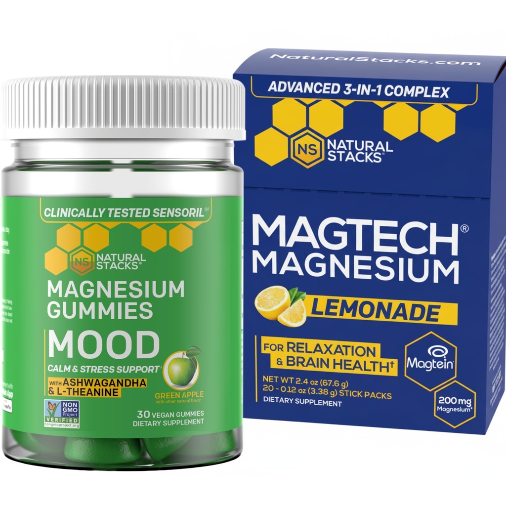 NATUURLIJKE STAKKEN Magtech Magnesium Drinkmix + Mood Magnesium Gummies Bundle - 4 vormen magnesium - Hersengezondheid, ontspannen en stress ondersteuning* - 35 porties