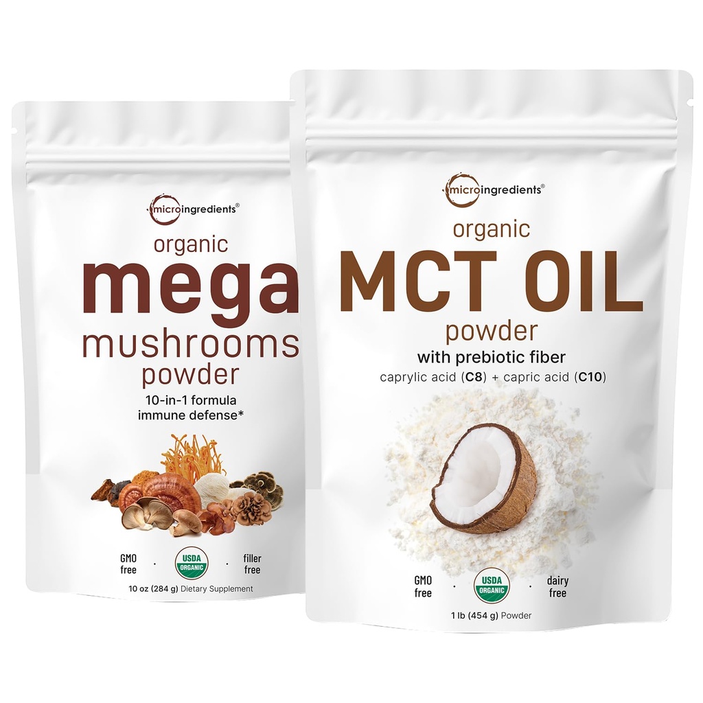Micro Ingrediënten Biologische Mega Paddestoel Poeder 10oz & Biologische MCT Olie Poeder 1lb Bundle 2 Pack  Olie, plantaardige creamer