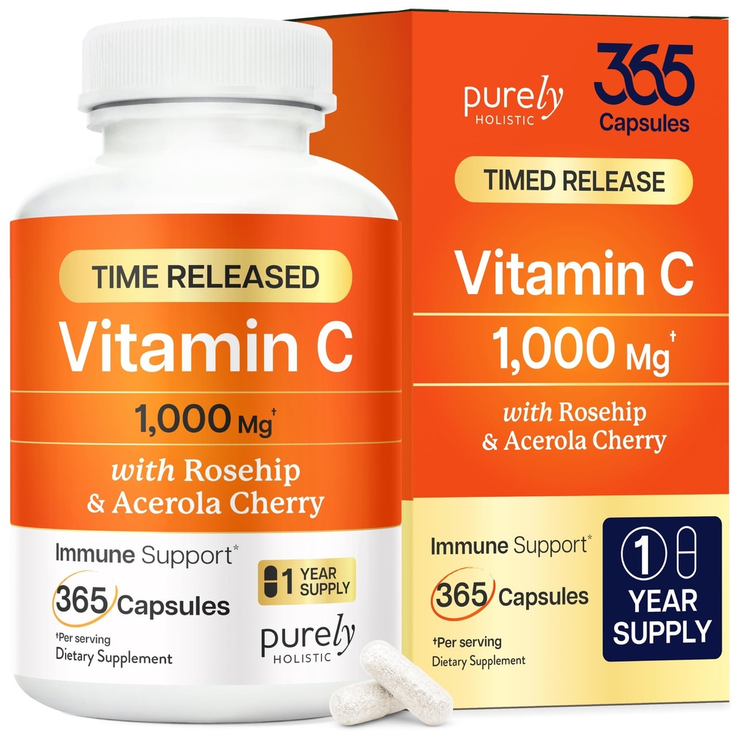 Pure Holistische Vitamine C 1000mg, 365 Capsules, 12 maanden aanvoer, 2 Stadium Getimed Release met Ascorbinezuur, Rosehip & Acerola Cherry Bioflavonoid, Immuun Systeem Ondersteuning, Veganistisch