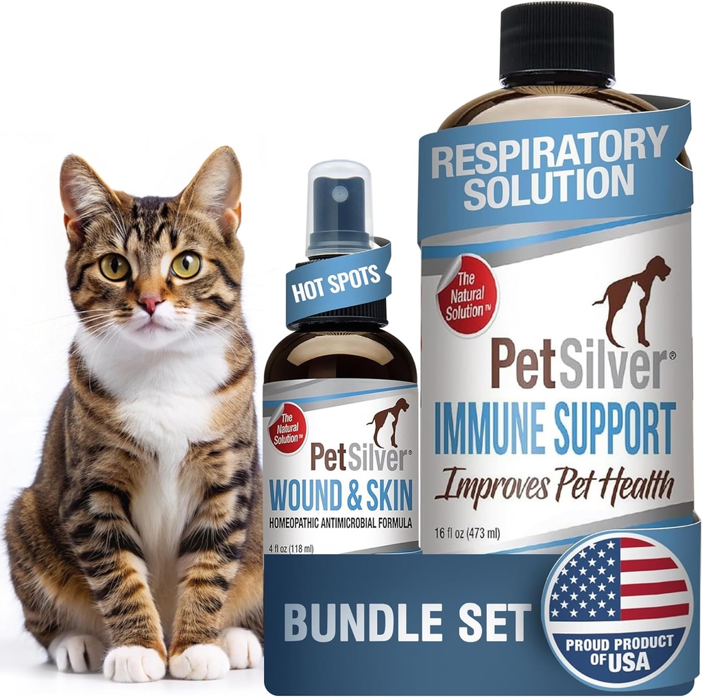 PetSilver - Immune Support (16 fl oz) and Wound & Skin Spray (4 fl oz) with Patented Chelated Silver - Allergies, Sinus & Cough Treatment - Wound Care & Hot Spot Spray for Cats and Dogs - Made in USA
