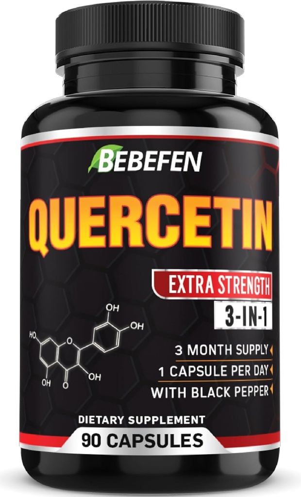 BEBEFEN Quercetine Capsules - 7050mg Formula Pillen met Black Pepper Extract - 90 Capsules Quercetine Pillen voor ondersteuning Immune Health & Cardiovasculaire Gezondheid - 3 maanden Levering