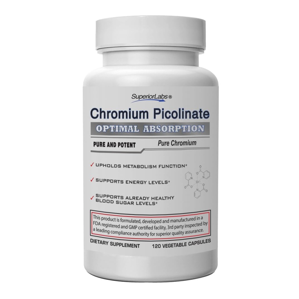 Superior Labs Chromium Picolinate 500mcg, High Absorption, Non-GMO, Blood Sugar & Metabolism Support, Weight and Food Craving Management, Helps Energy & Insulin Sensitivity, 120 Veg Caps