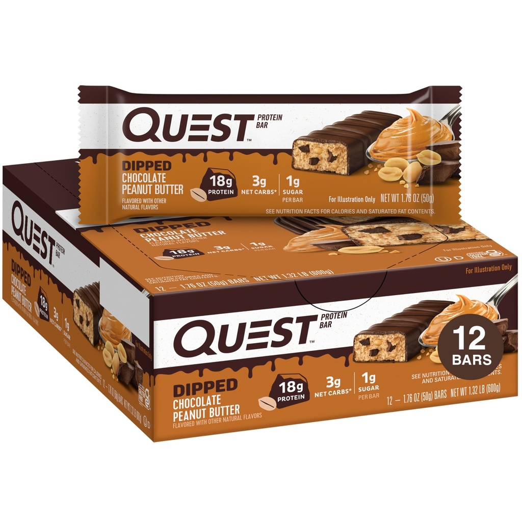 Quest Nutrition Dipped Chocolade Pindakaas Proteïne Bars, 18g Proteïne, 1g Suiker, 3g Net Carbs, Glutenvrij, 12 Tellen