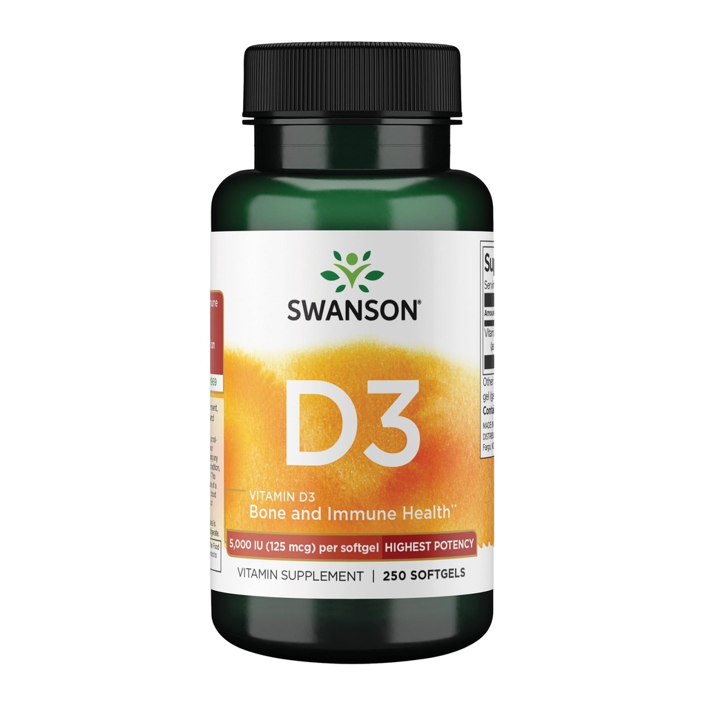 Swanson Vitamin D3 5,000 IU Bone, Immune, and Heart Health Supplement for Sun-Deprived Adults Seeking Bone, Immune, and Heart Support - 125 mcg Cholecalciferol (250 Softgels)