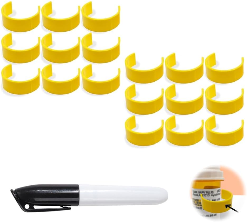 Clips voor pillenflessen, Medicine Fles Label Clips voor eenvoudige medicatie identificatie - Pack met Marker, Labels (18st)