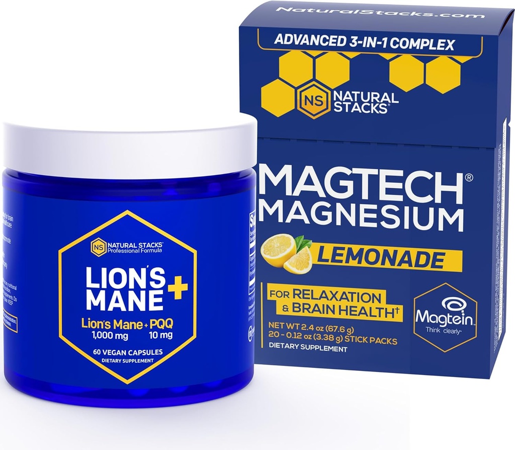 NATUURLIJKE STAKKEN Magtech Magnesium Lemonade Drinkmix + Lions Mane Mushroom Supplement Bundle - Ondersteunt ontspanning, Hersengezondheid & Geheugen* - 50 porties