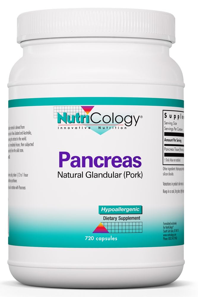 Nutricologie Pancreas Dieetsupplement - Digestieve ondersteuning, Natuurlijke Glandur (Pork), Enzymen, Hypoallergeen, Vegetarische Capsules, Glutenvrij - 720 Tel.