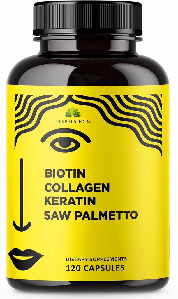 HERBALICIOUS Biotine Vitaminen met collageen, keratine & Saw Palmetto voor vrouwen en mannen - Biotin 10000 mcg haarhuid Nagels Supplement voor haar, huid en nagels Wellness - Made in USA, 120 Capsules