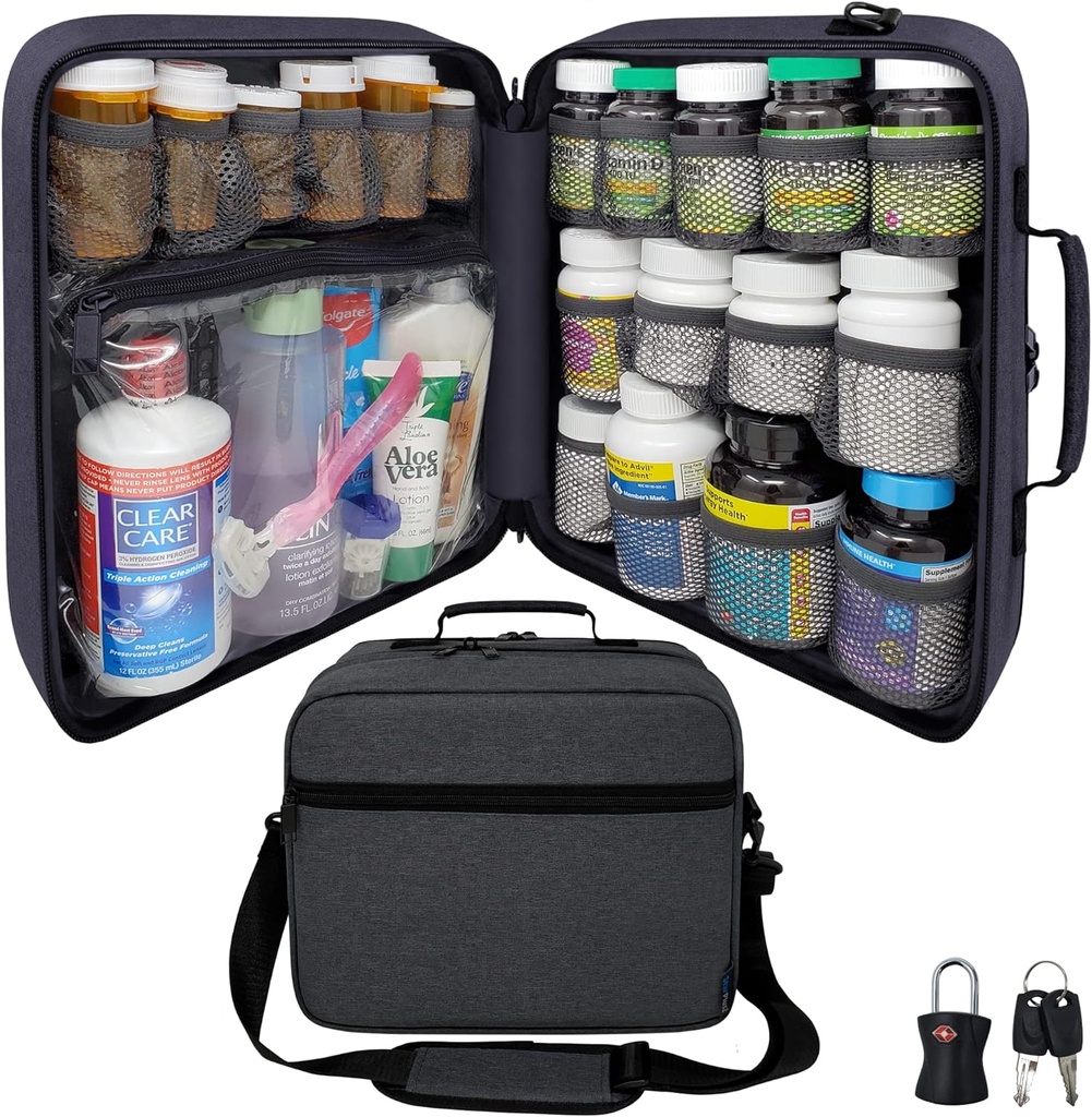 Extra grote pil fles Organisator, Medicine Bag, drager voor medicijnen, vitamines en medische benodigdheden - Modular Travel Medicine Organizer en Home Storage Med Bag - Donker grijs (met slot)