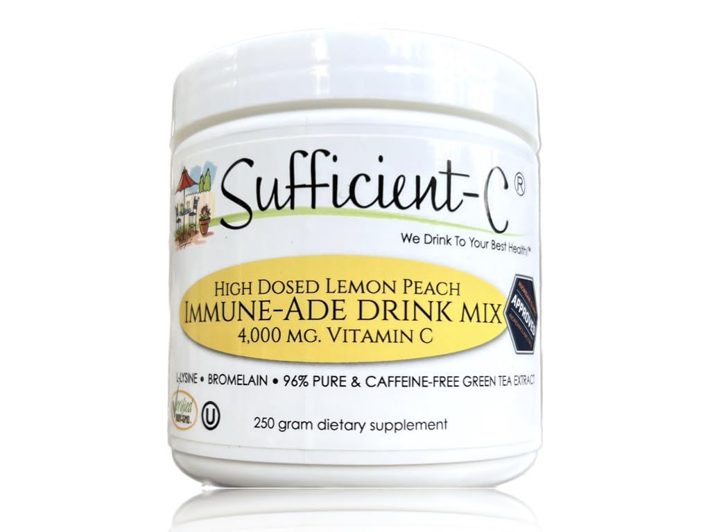 Voldoende C hoog-dosis 4000 mg. Vitamine C Citroenperzik Immune-Ade Drink Mix 250 gram Afmeting - Verfrissend met genereus gedoseerd L-lysine, bromelaïne & 96% Pure, Cafeïnevrije groene thee Extract